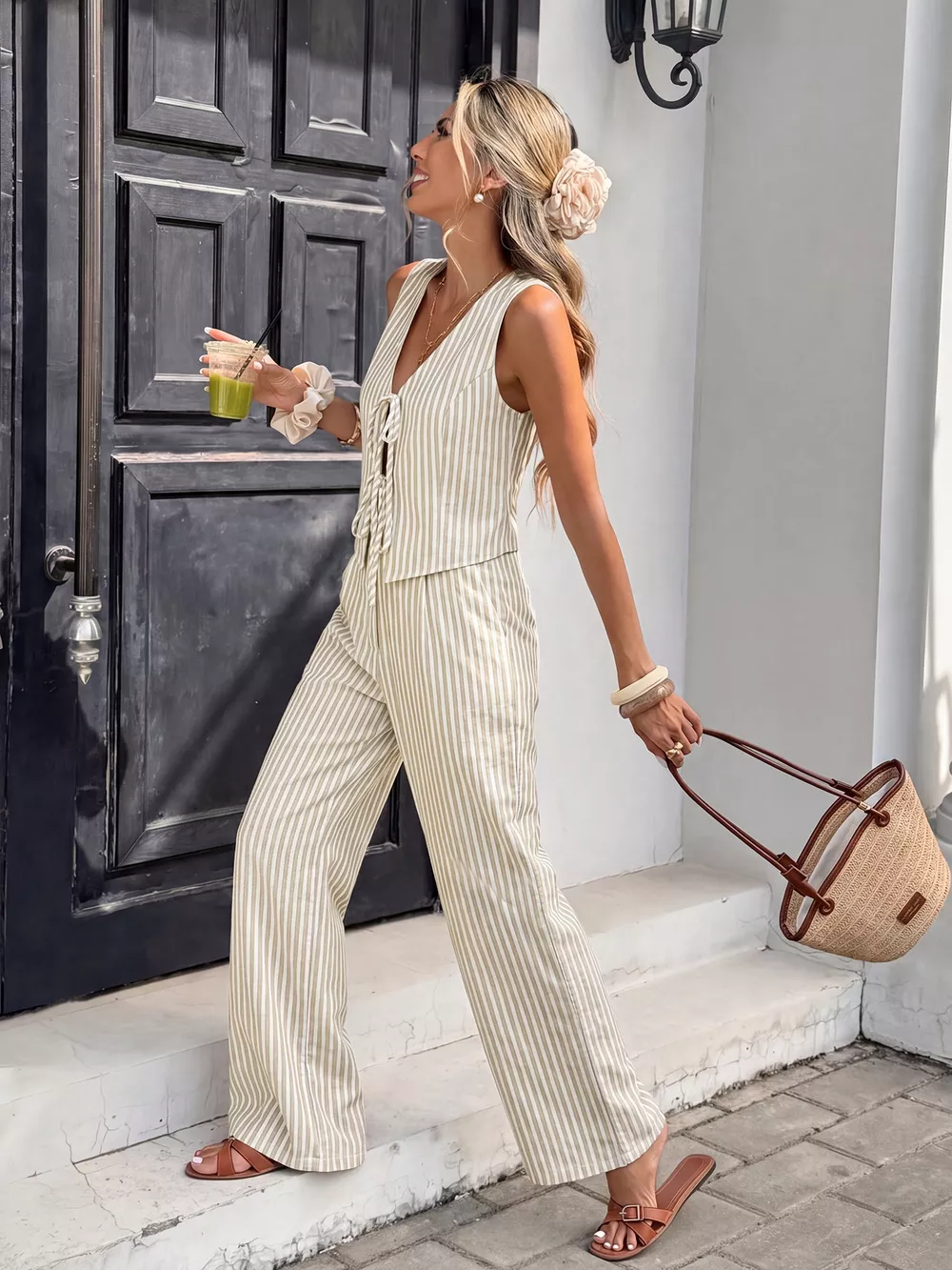 Striped Vest & Wide Leg Pants Set, image 2