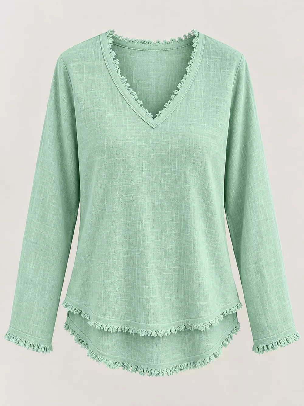 Full Size Frayed Hem V-Neck Long Sleeve Blouse Plus Size, image 60