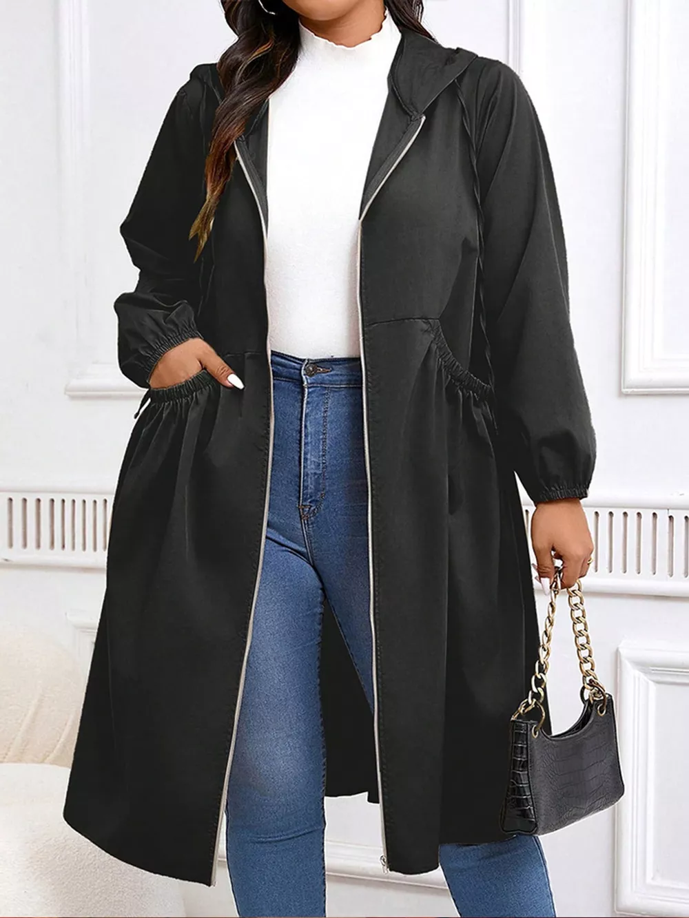 Plus Size Hooded Zip-Up Longline Windbreaker Outerwear