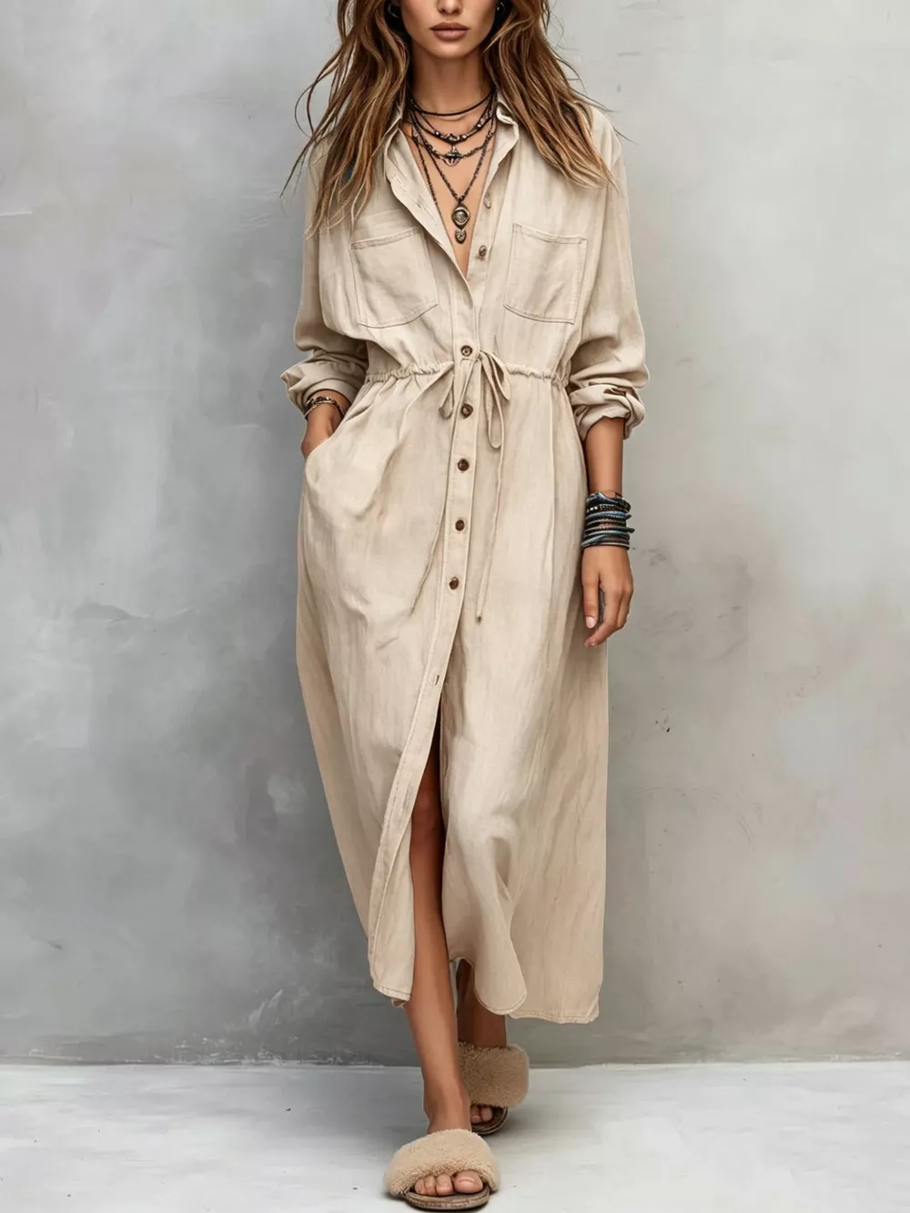Full Size Button Front Long Sleeve Shirt Dress Plus Size, image 7