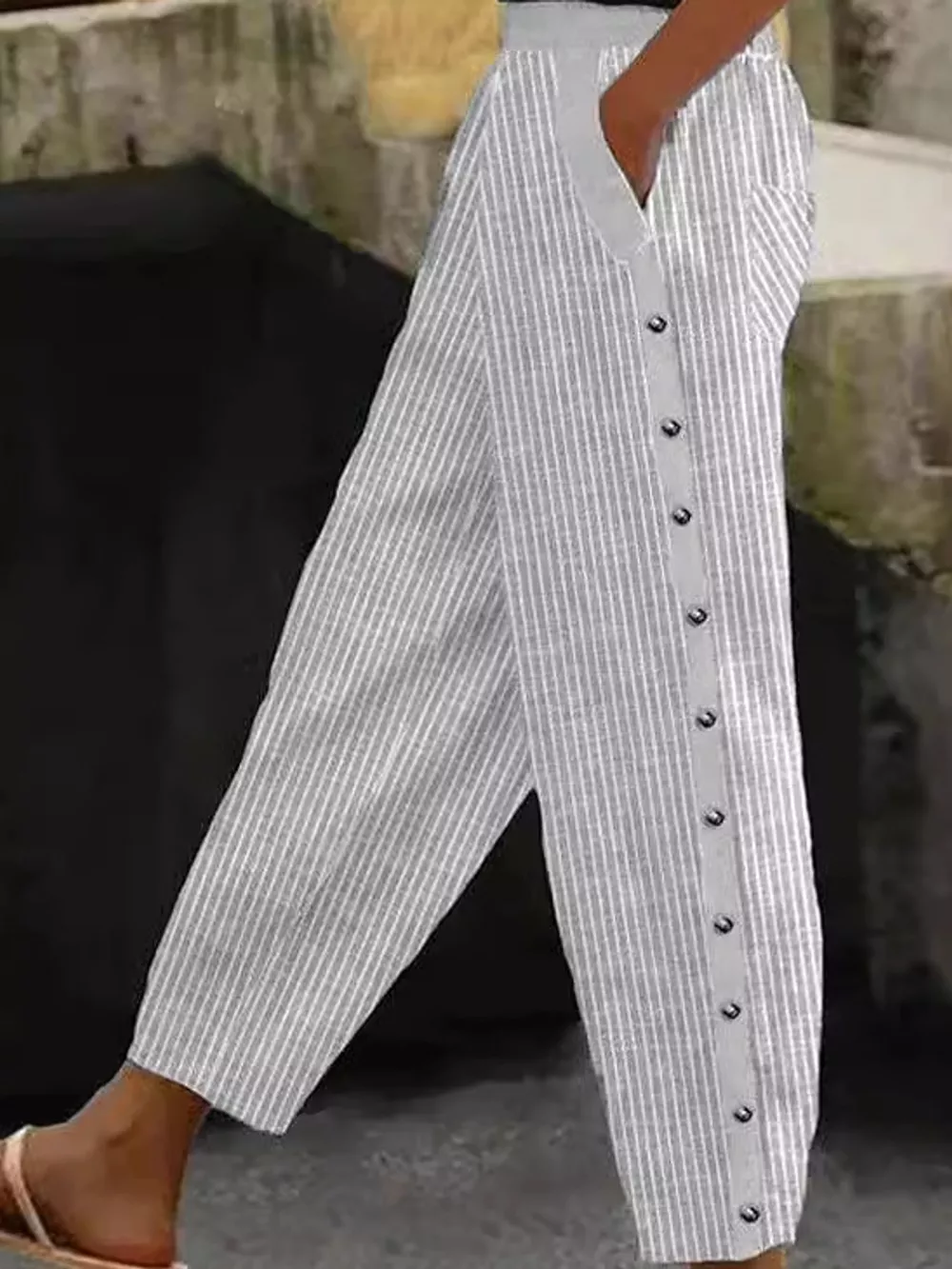 Striped Casual Pants with Side Button Detail, image 7