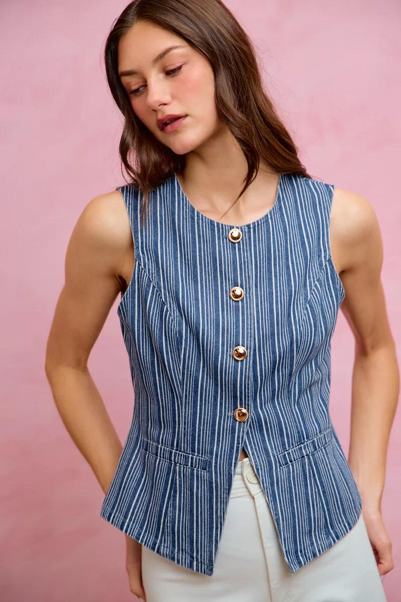 Stripe Slim Fit Button Front Denim Vest Top, image 14