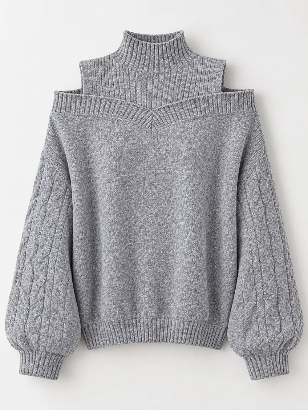 Full Size Cold Shoulder Mock Neck Cable Knit Sweater Plus Size, image 4