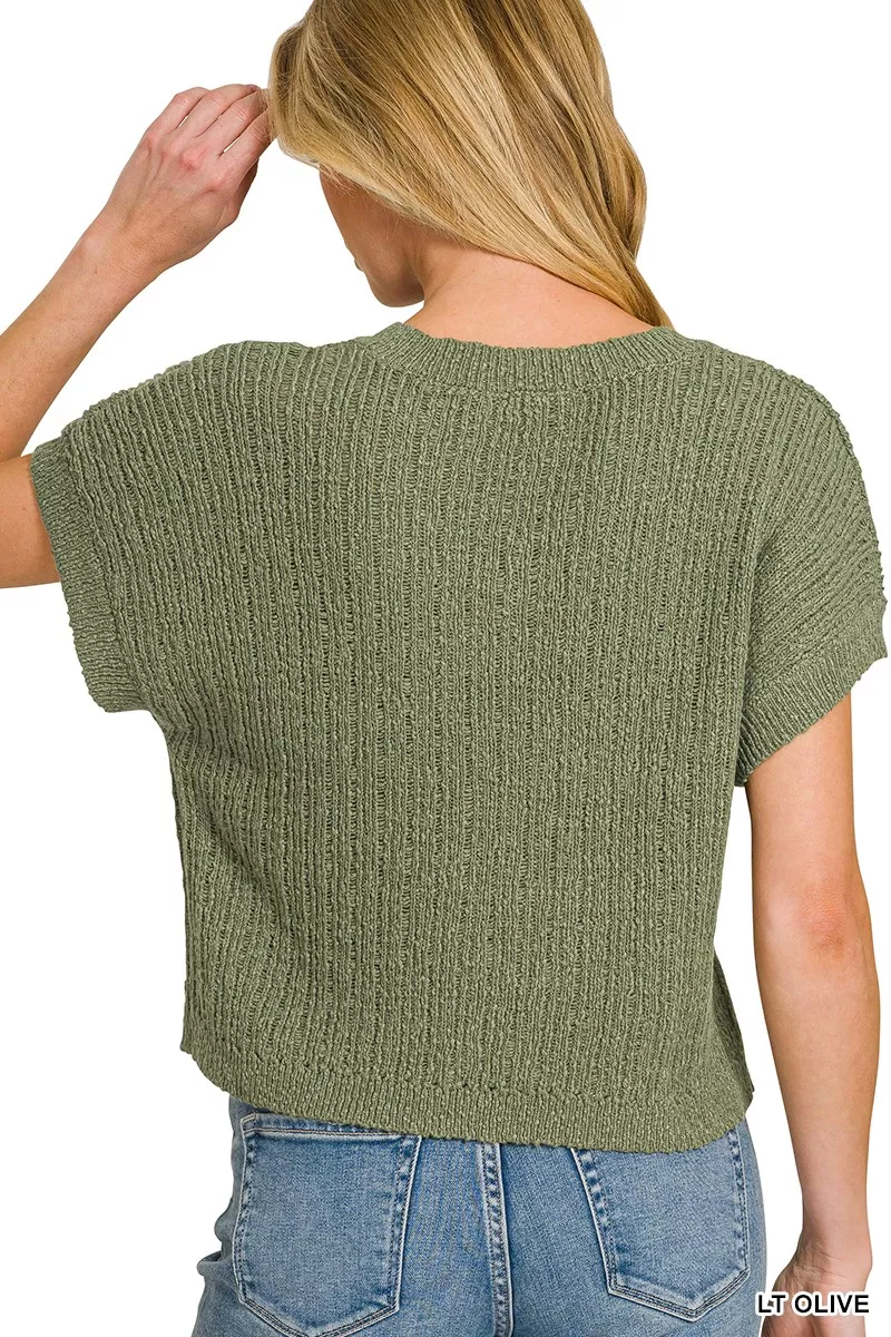 Textured Knit V-Neck Cropped Sweater, image 3
