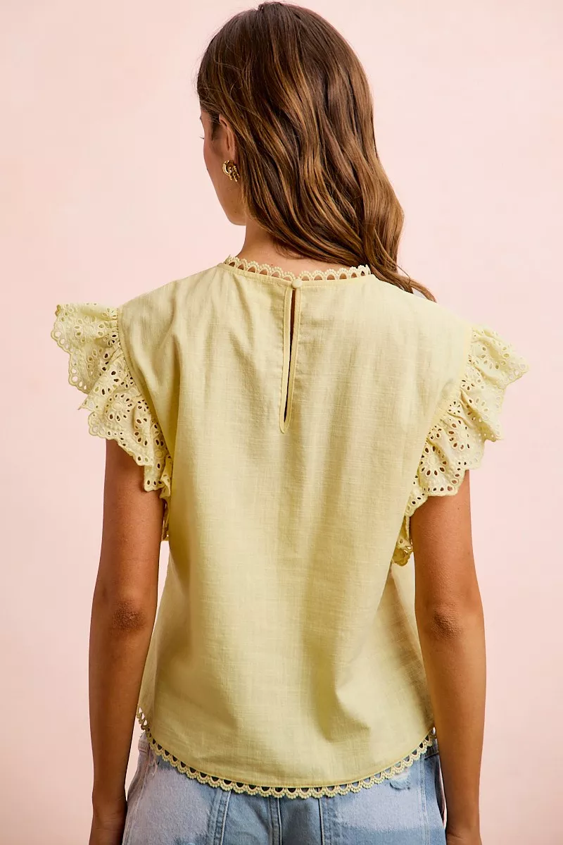 BiBi Cotton Solid Ruffle Sleeve Lace Detail Blouse Top, image 2