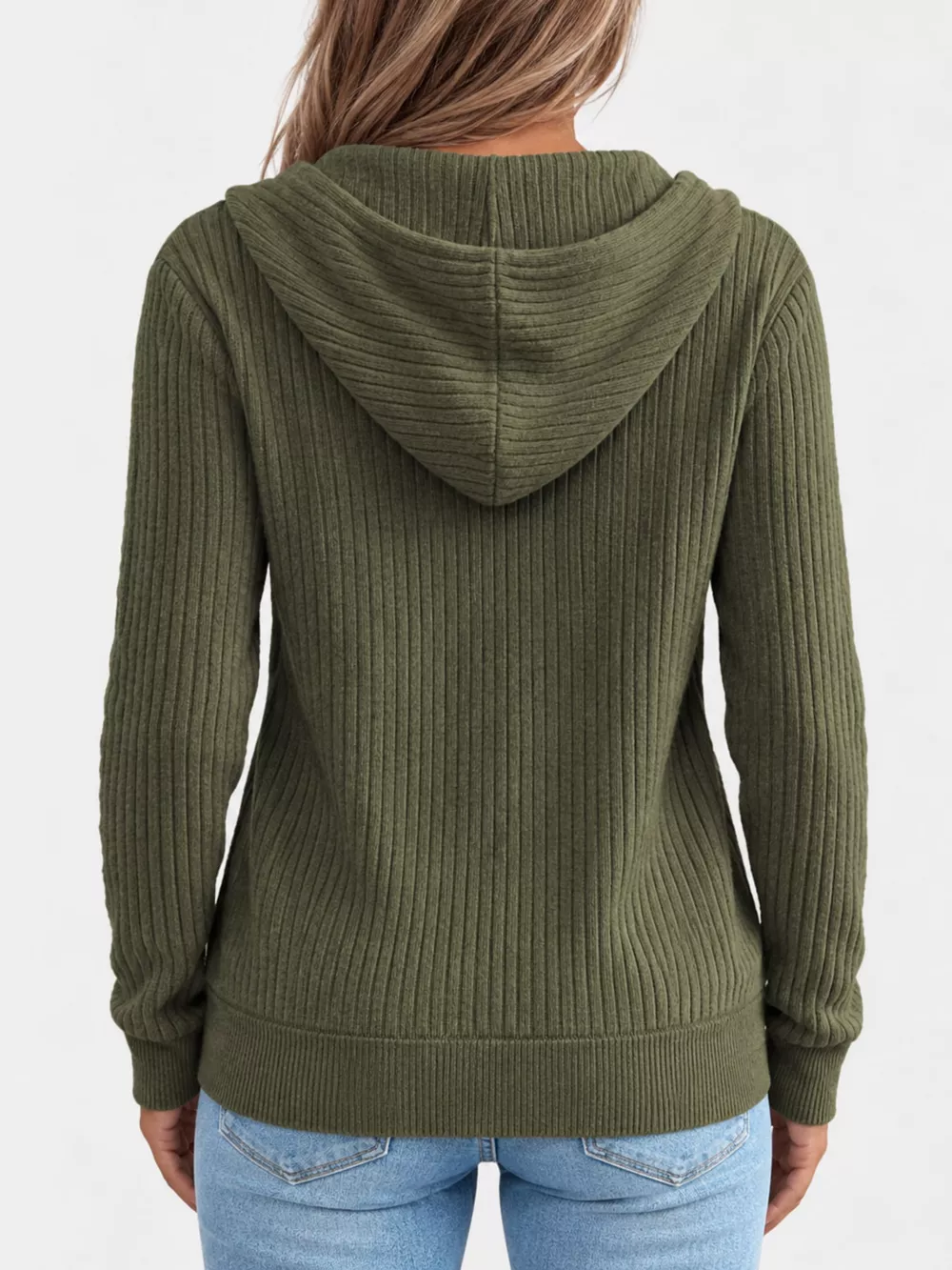 Full Size Ribbed Knit Zip-Up Hooded Cardigan Plus Size, image 17
