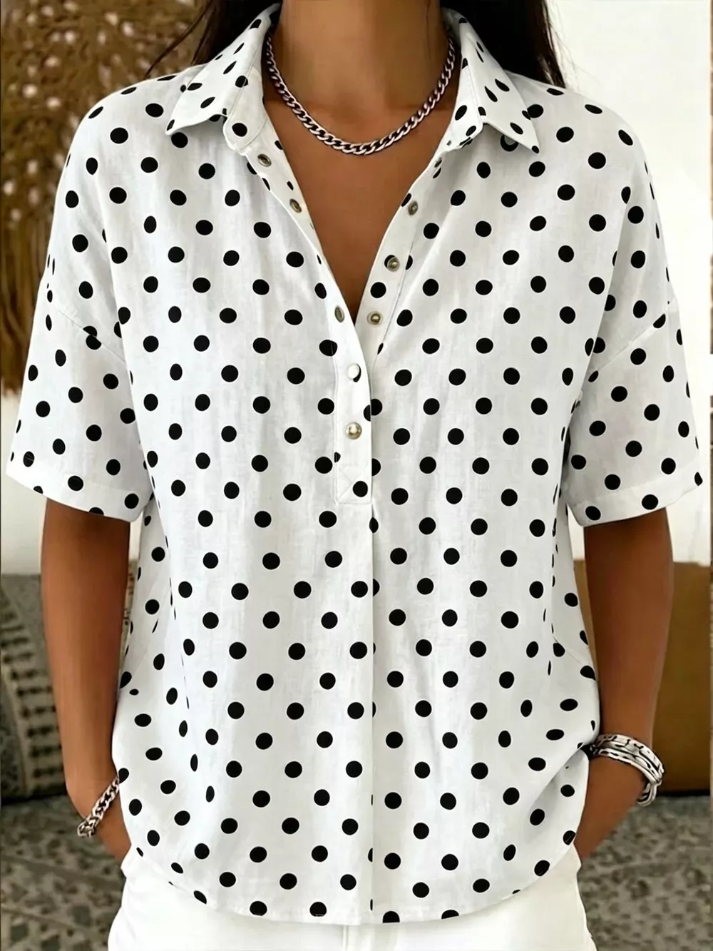 Full Size Polka Dot Short Sleeve Shirt Plus Size, image 3