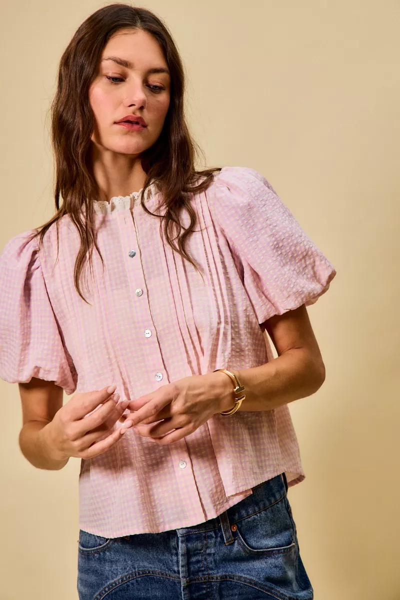 Gingham Lace Trim Button Bubble Sleeves Blouse, image 6