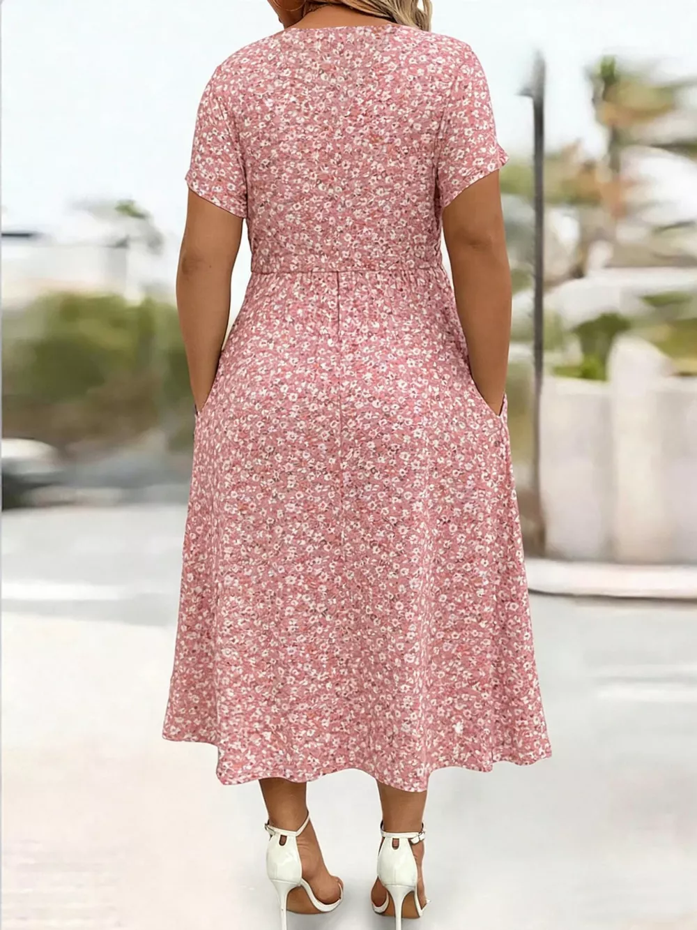 Full Size Twisted Front Short Sleeve Midi Dress with Pockets Plus Size, image 34