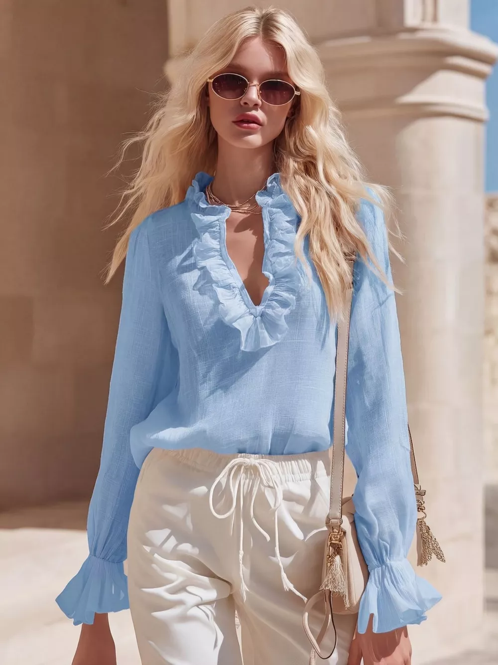 Ruffled V-Neck Long Sleeve Blouse, image 10