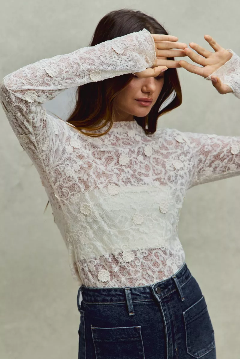 Lace Long Sleeve 3d Effect Floral Layering Top, image 11