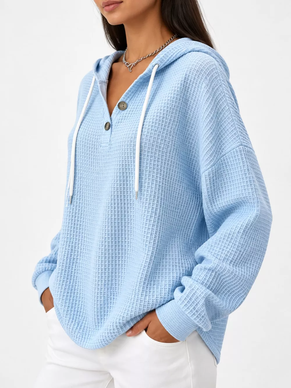 Full Size Waffle Knit Button Detail Hoodie Plus Size, image 6