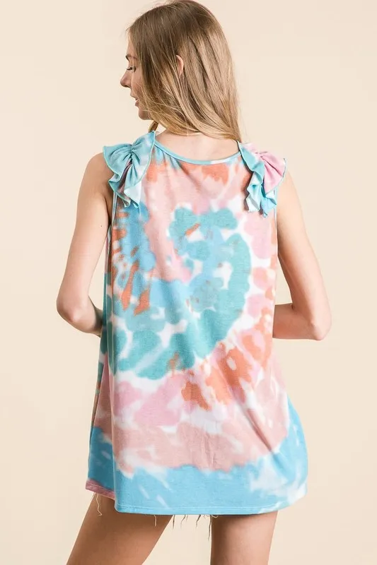 Circular Tie Dye Knit V Neck Top With Ruffle, image 4