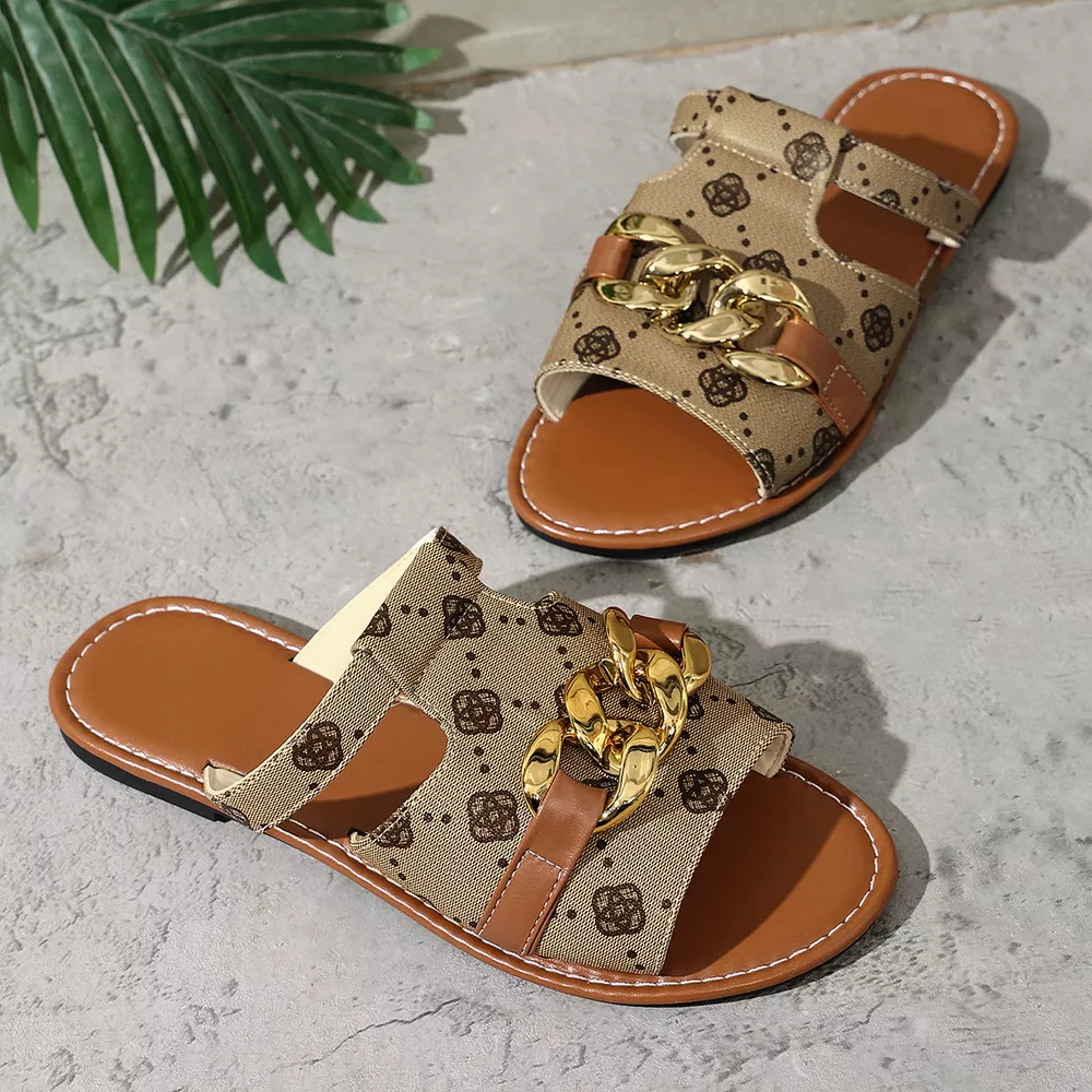 Chain-Decorated Patterned Slide Sandals, image 6