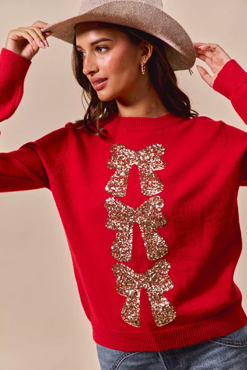 Sequins Bow Ribbon Embellished Christmas Sweater, image 2