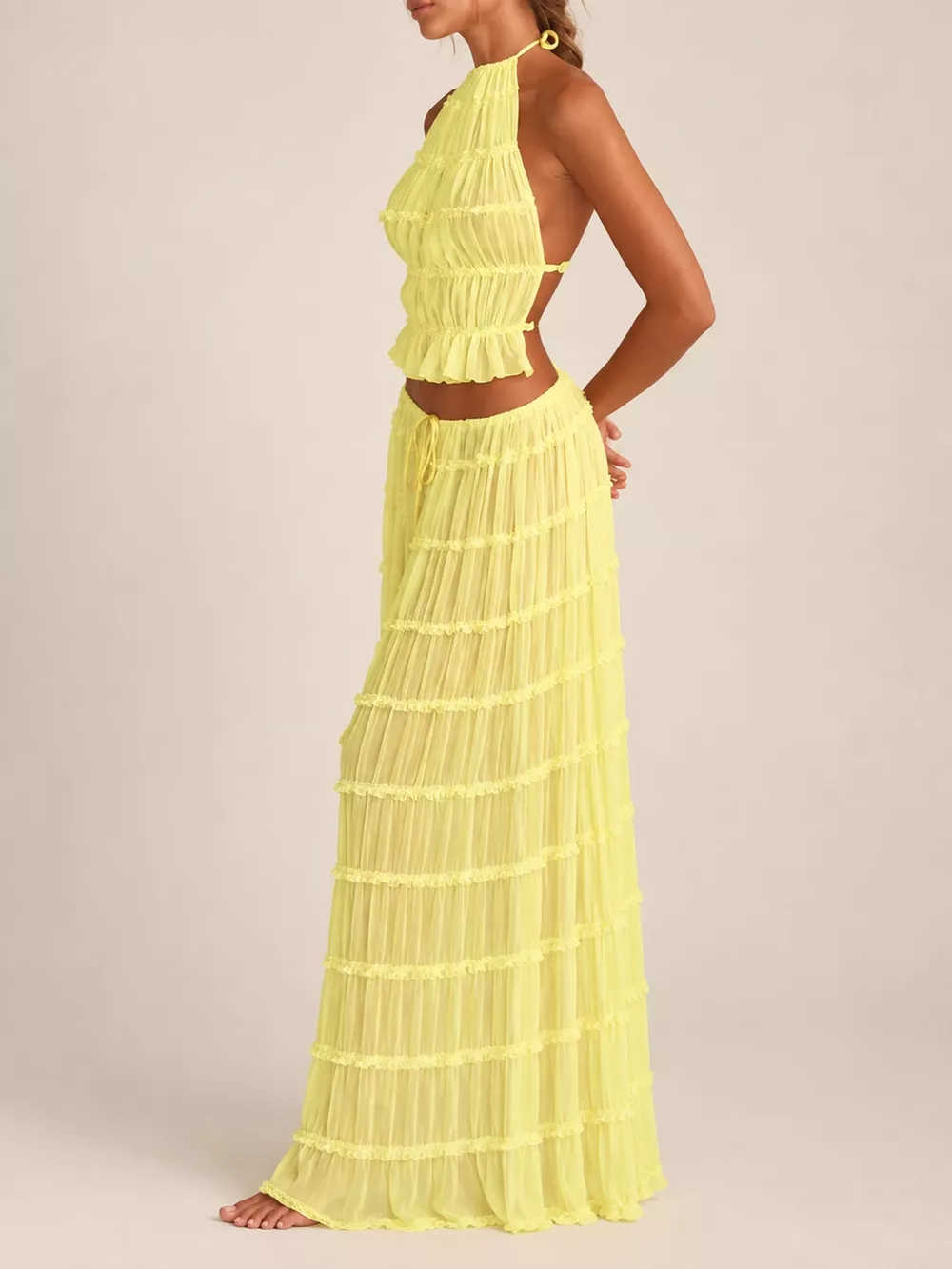 Boho Chic Ruffled Halter Crop Top and Maxi Skirt Set, image 31