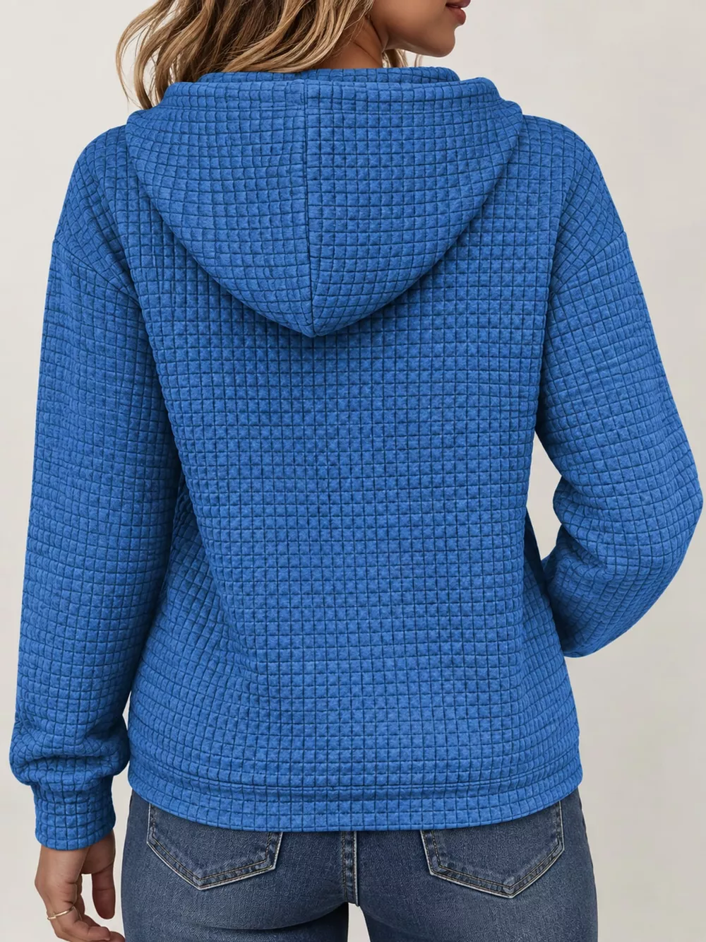 Waffle Knit Zip-Up Hoodie with Drawstring and Pockets, image 17