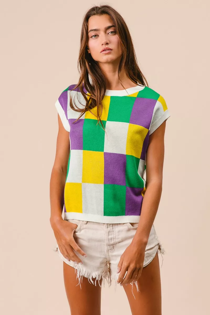 Mardi Gras Checker Pattern Sleeveless Sweater Top, image 17