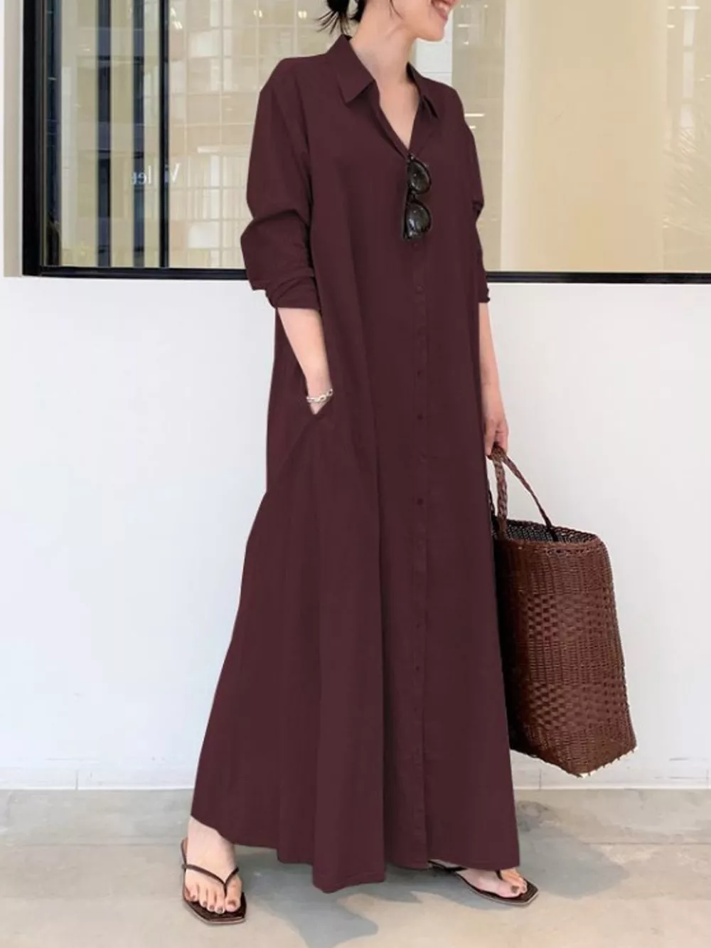 Full Size Button Front Long Sleeve Maxi Shirt Dress Plus Size, image 2