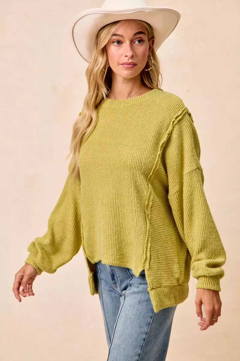 Boucle Rib Knit Uneven Hem Sweater With Open Seam, image 8