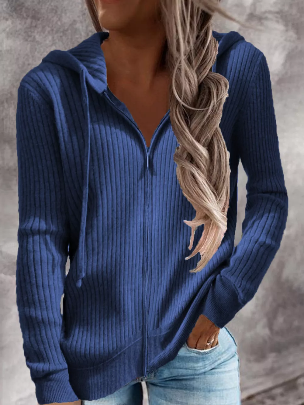 Full Size Ribbed Knit Zip-Up Hooded Cardigan Plus Size, image 10