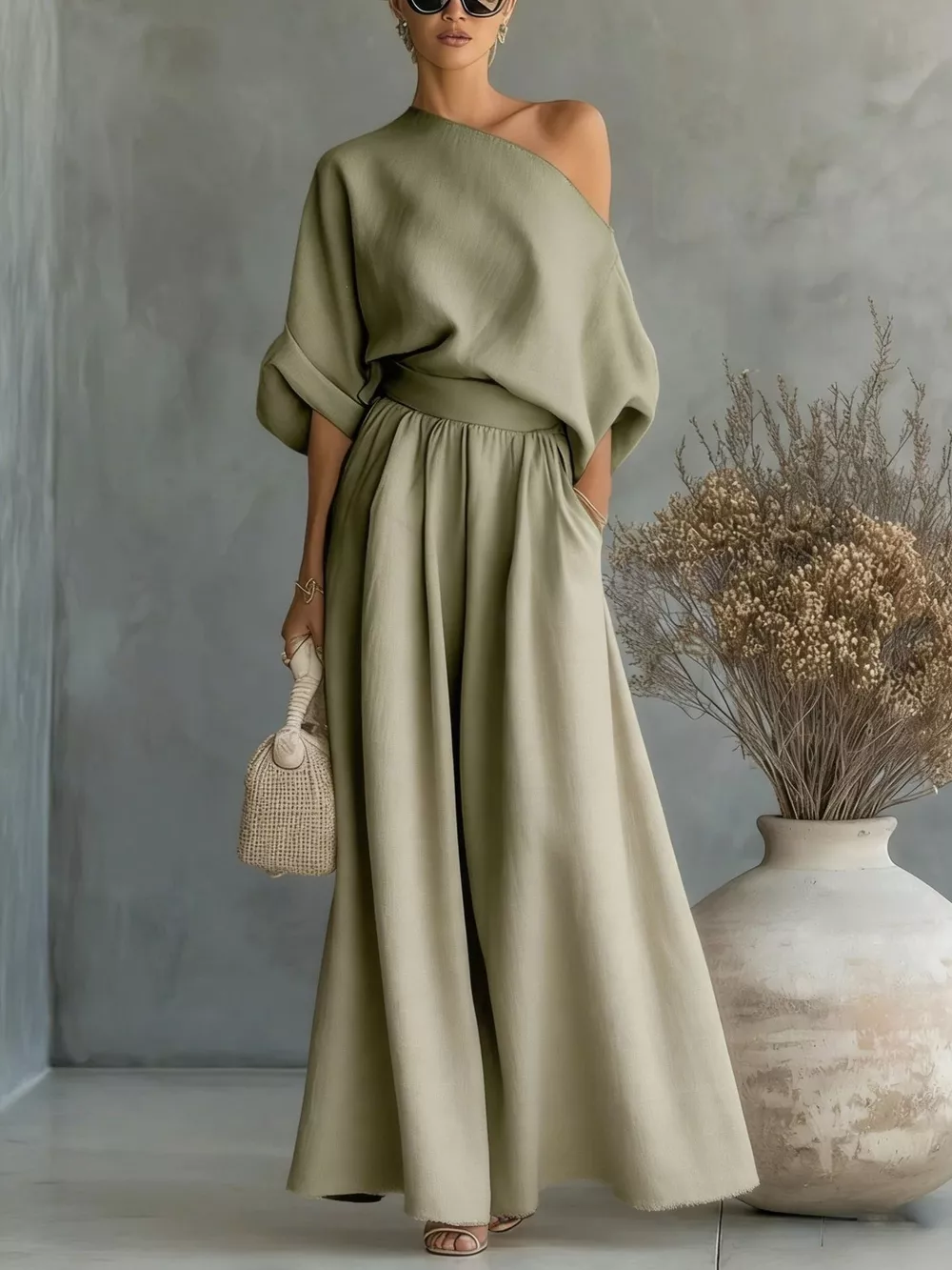 Full Size One Shoulder Top and Wide Leg Pants Set Plus Size, image 9
