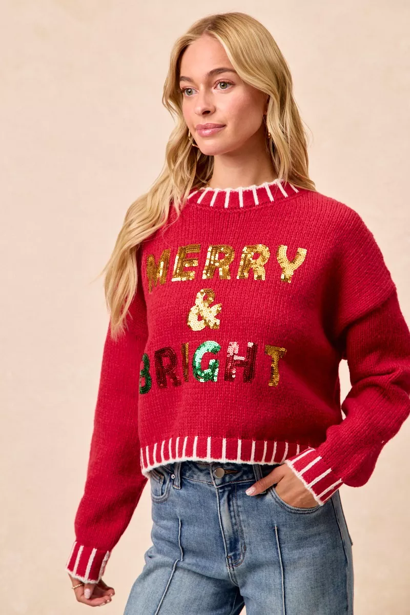 Christmas Theme Sequin Lattering Sweater, image 6