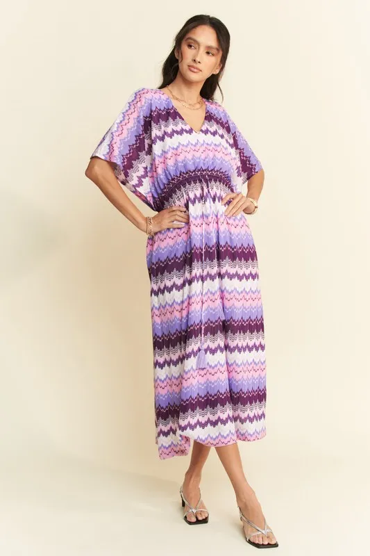 Multi Color Wavy Tie Waist Flowy Sleeve Dress