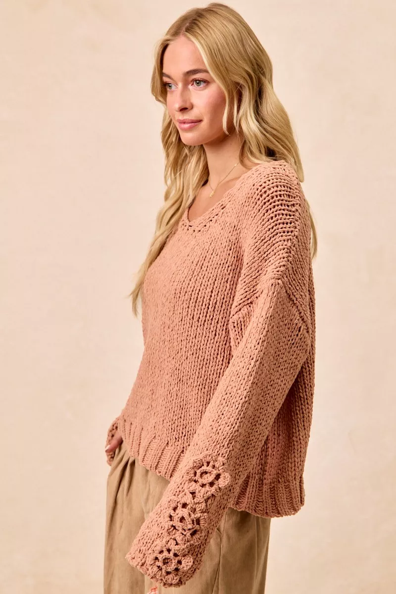 Chunky Knit Sweater with Flower Detail Sleeves, image 14