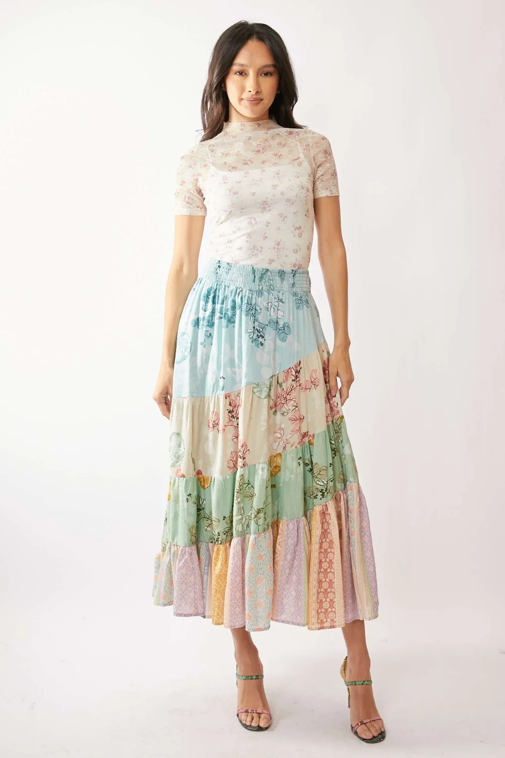 Floral Mesh Mock Neck Short Sleeve Top, image 4