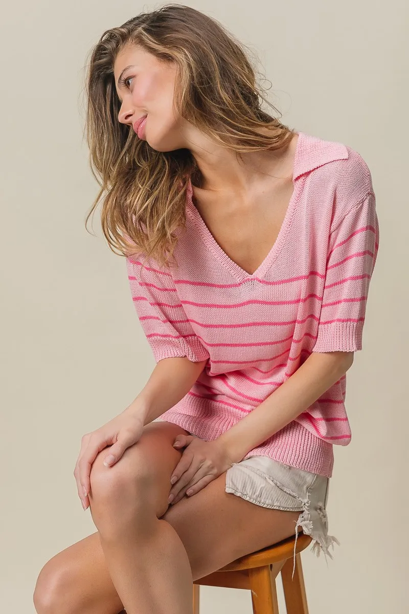 Stripe Short Sleeves Collared V Neck Top, image 9