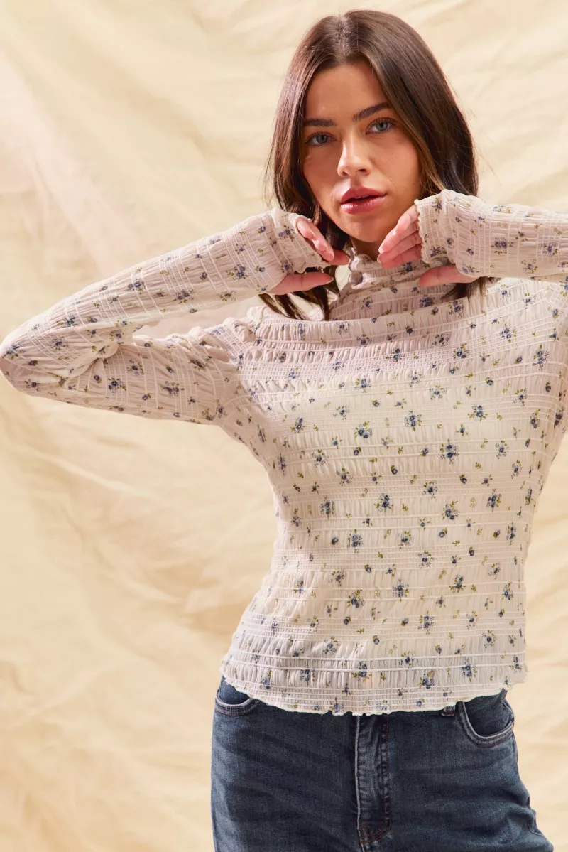 Floral Print Textured Long Sleeve Knit Top, image 13