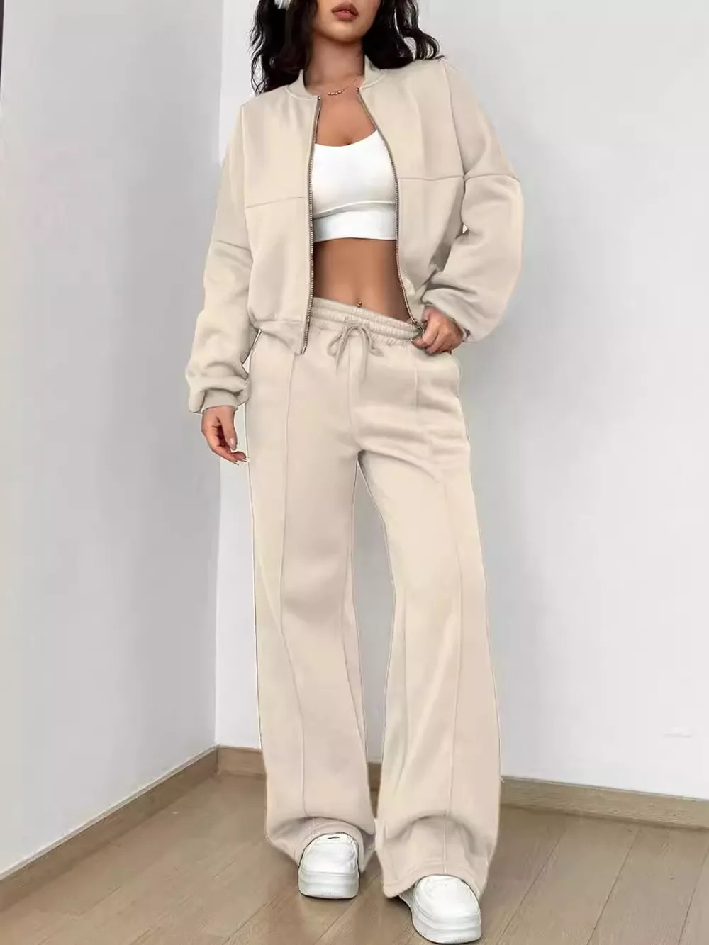 Casual Zip-Up Jacket and Wide-Leg Sweatpants Set