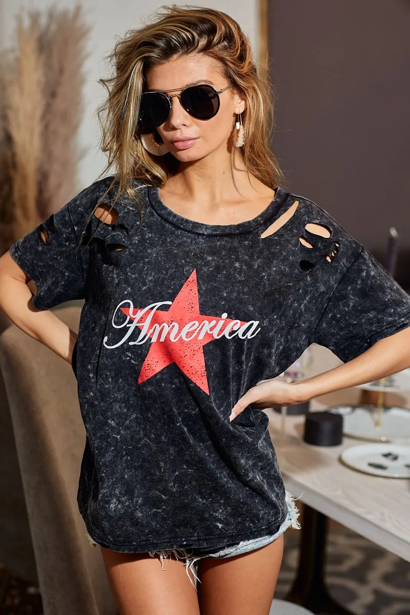 Laser Cut Mineral Washed Jersey Top with America, image 9