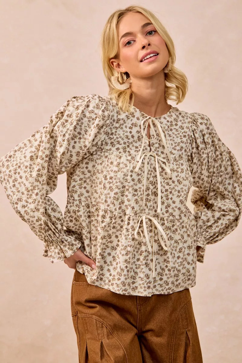 Floral Printed Peplum Blouse with Shirring and Tied, image 4
