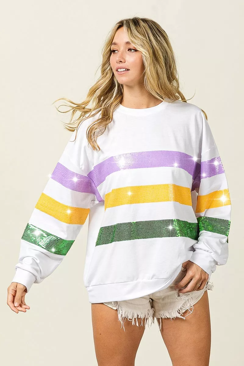 Sequin Mardi Gras Striped Round Neck Sweatshirt, image 8