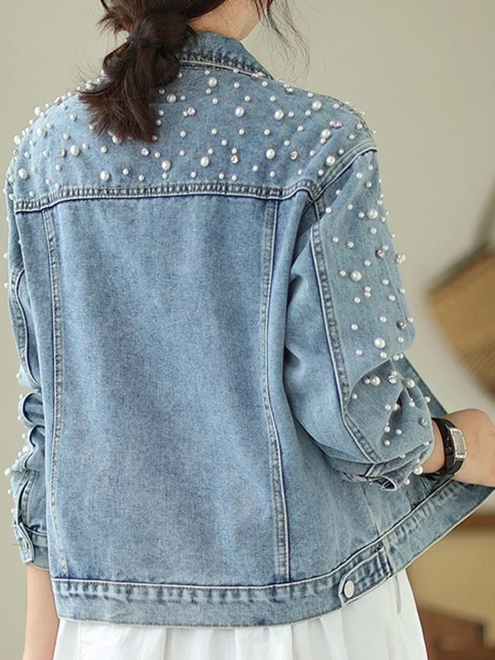Pearl Detail Button Up Denim Jacket, image 3