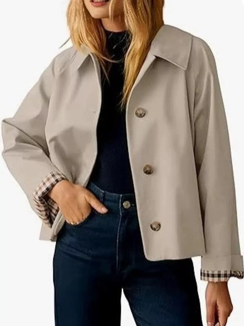 Plaid Cuffs Cropped Trench Outerwear