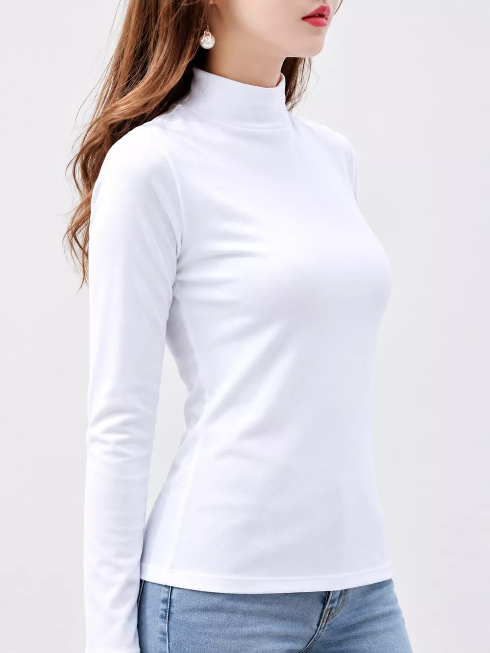 Full Size Slim-Fit Mock Neck Long Sleeve Basic T-Shirt Plus Size, image 2