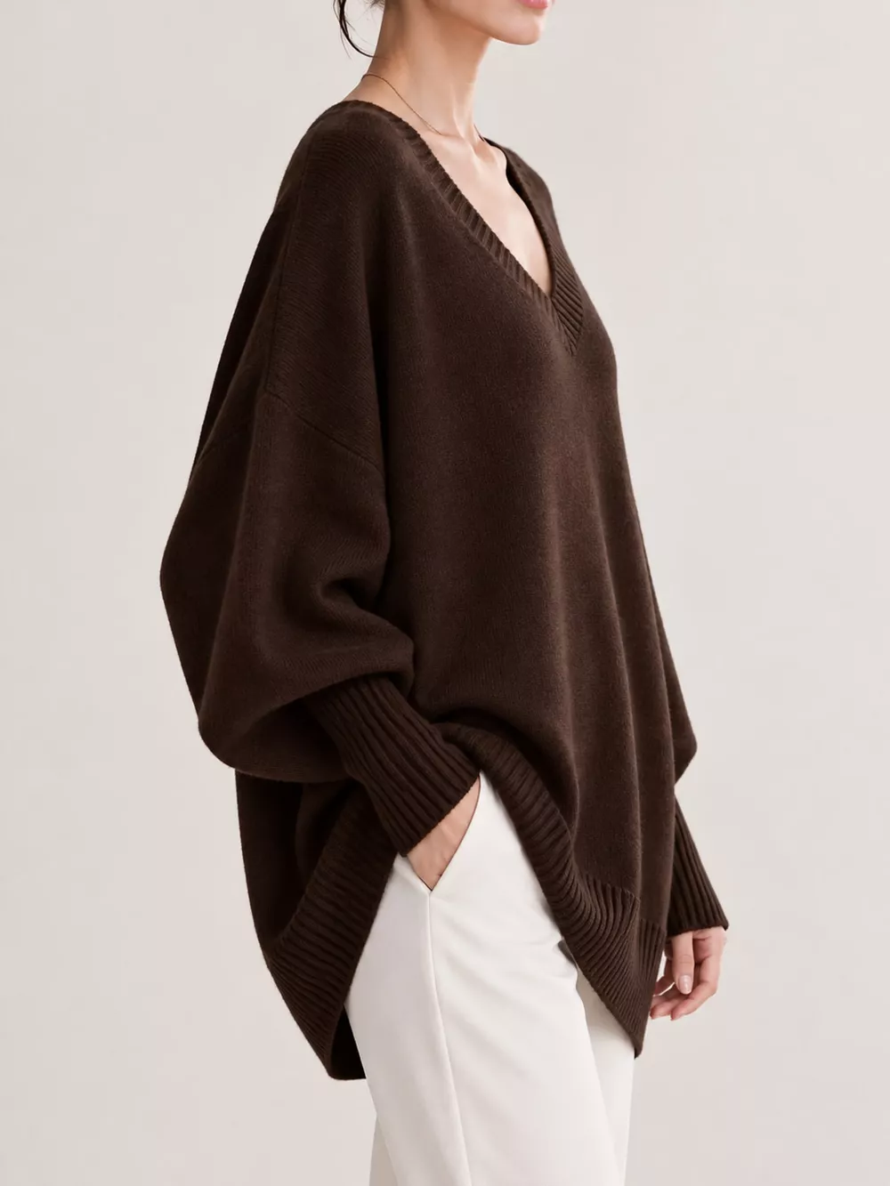 Full Size V-Neck Oversized Batwing Sleeve Sweater Plus Size, image 39