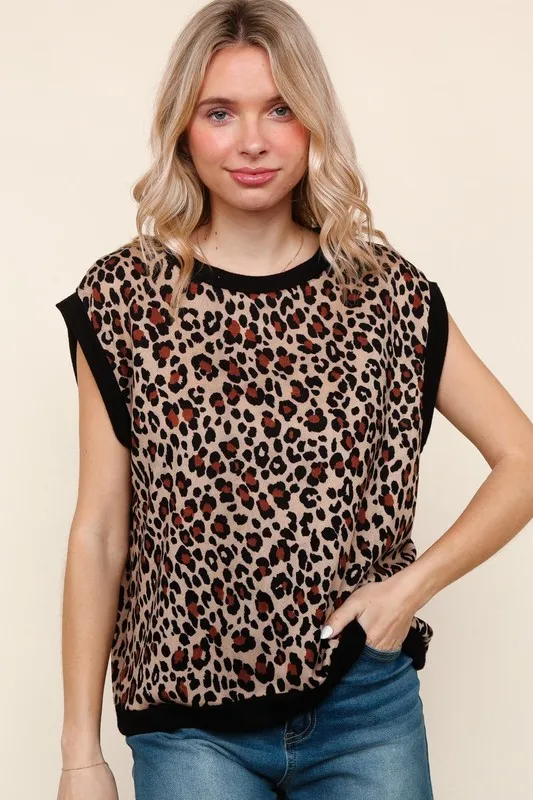Leopard Print Dolman Cap Sleeve Knit Top