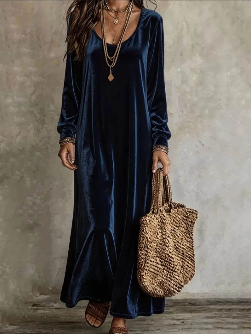 Velvet Long-Sleeve Maxi Dress