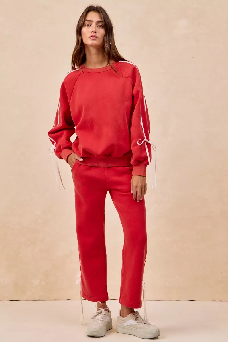 Side Lined Bow Details Fleece Sweatshirt, image 5