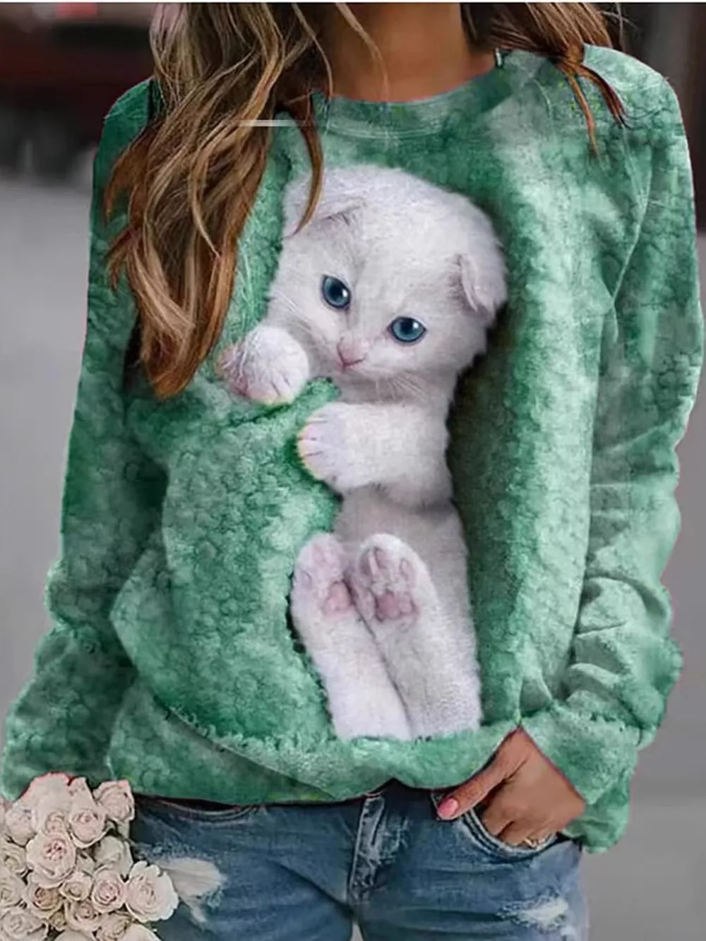 Full Size Cat Graphic Round Neck Top Plus Size, image 3
