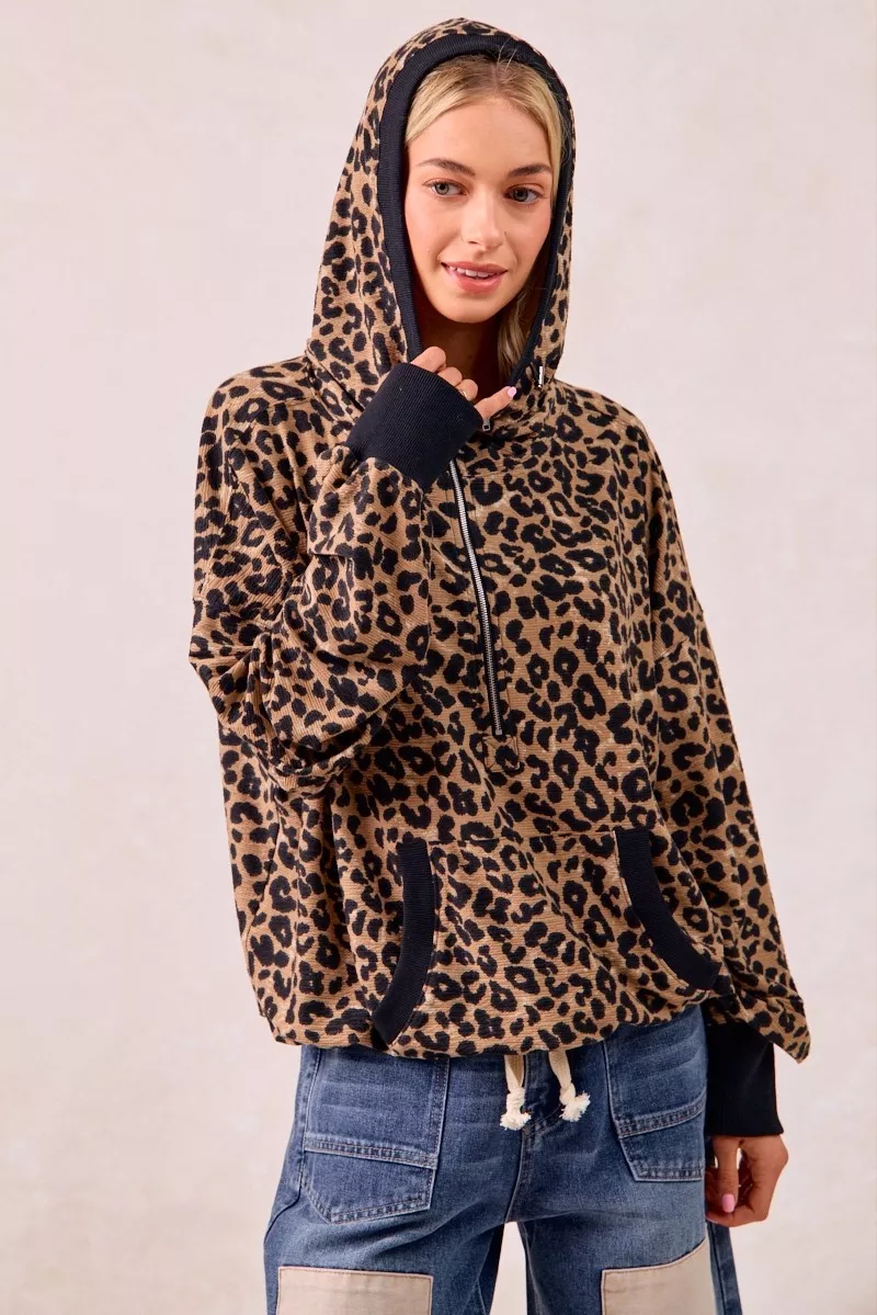 Leopard Print Waffle Half Zip Up Hoodie W Pocket, image 6