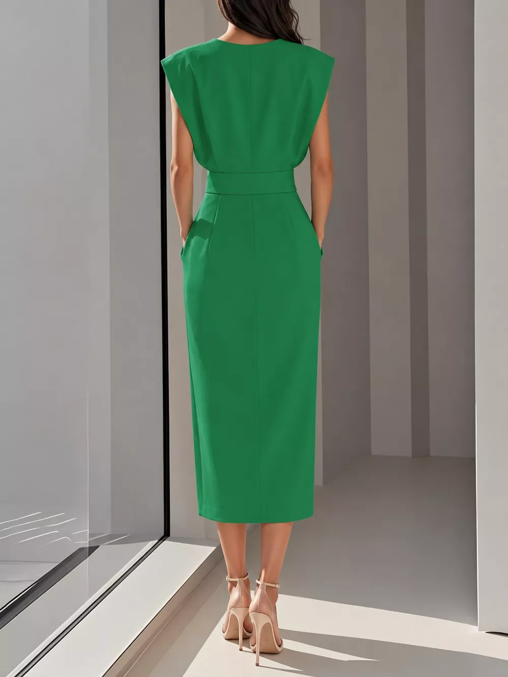 Sleeveless Midi Dress with Gold Button Detail and Side Slit, image 18
