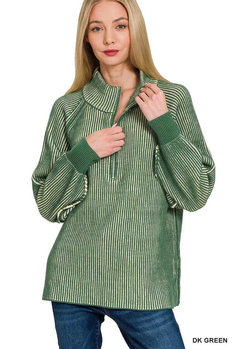 Ribbed Two Tone Half Zip Sweater, image 2