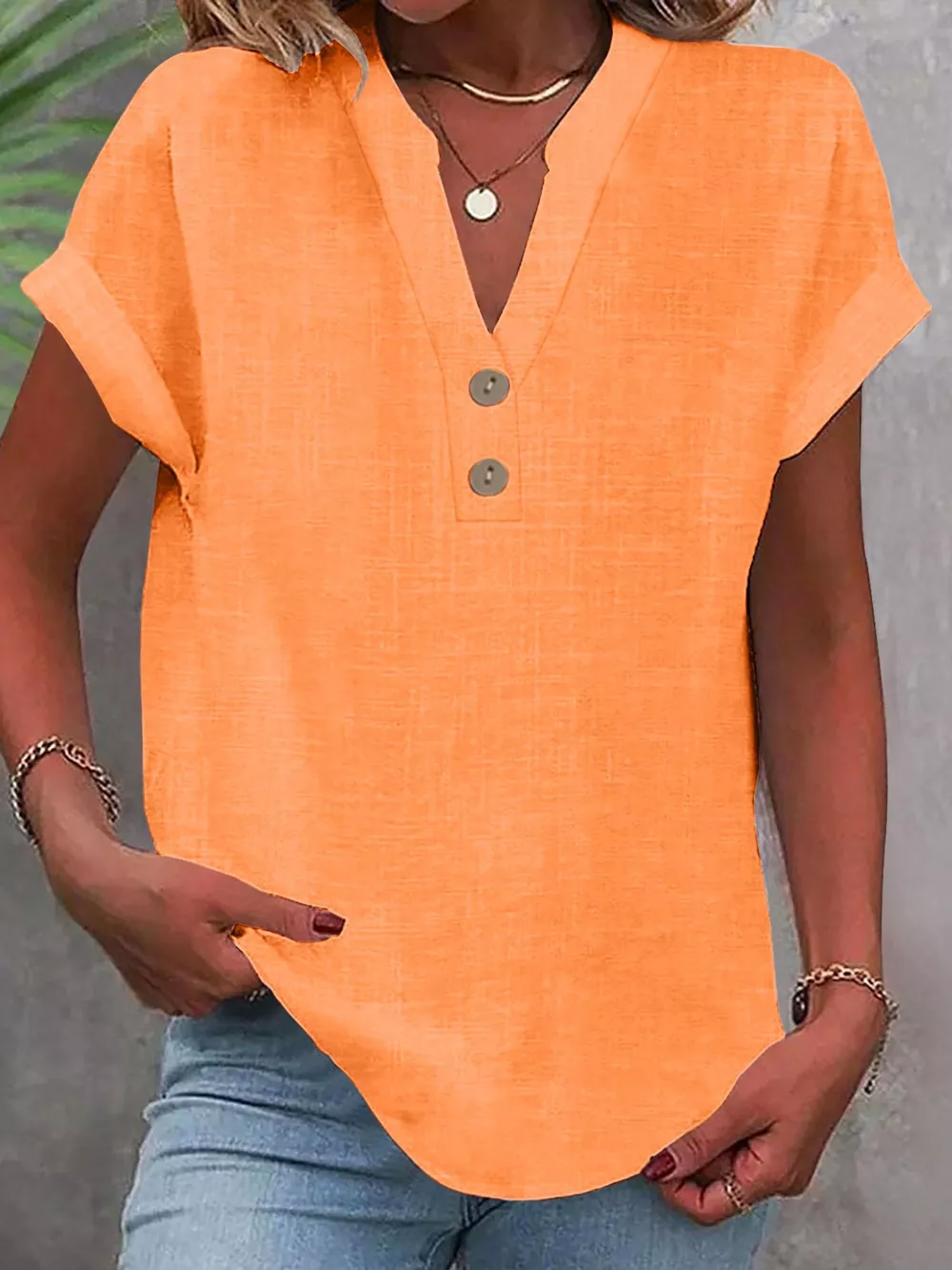 Full Size Button Detail Short Sleeve Blouse Plus Size, image 76