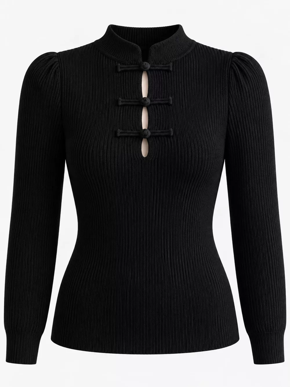 Chinese-Style Button Ribbed Knit Top, image 16