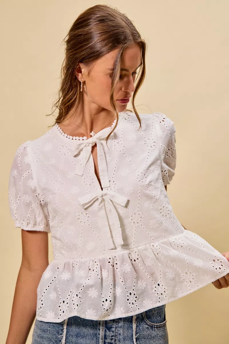 Cotton Eyelet Front Tie Short Sleeves Blouse, image 13